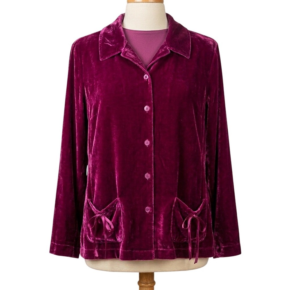 Denim & Co Velvet Button Down Shirt Purple Y2K Whimsigoth‎ Preppy Large Bows